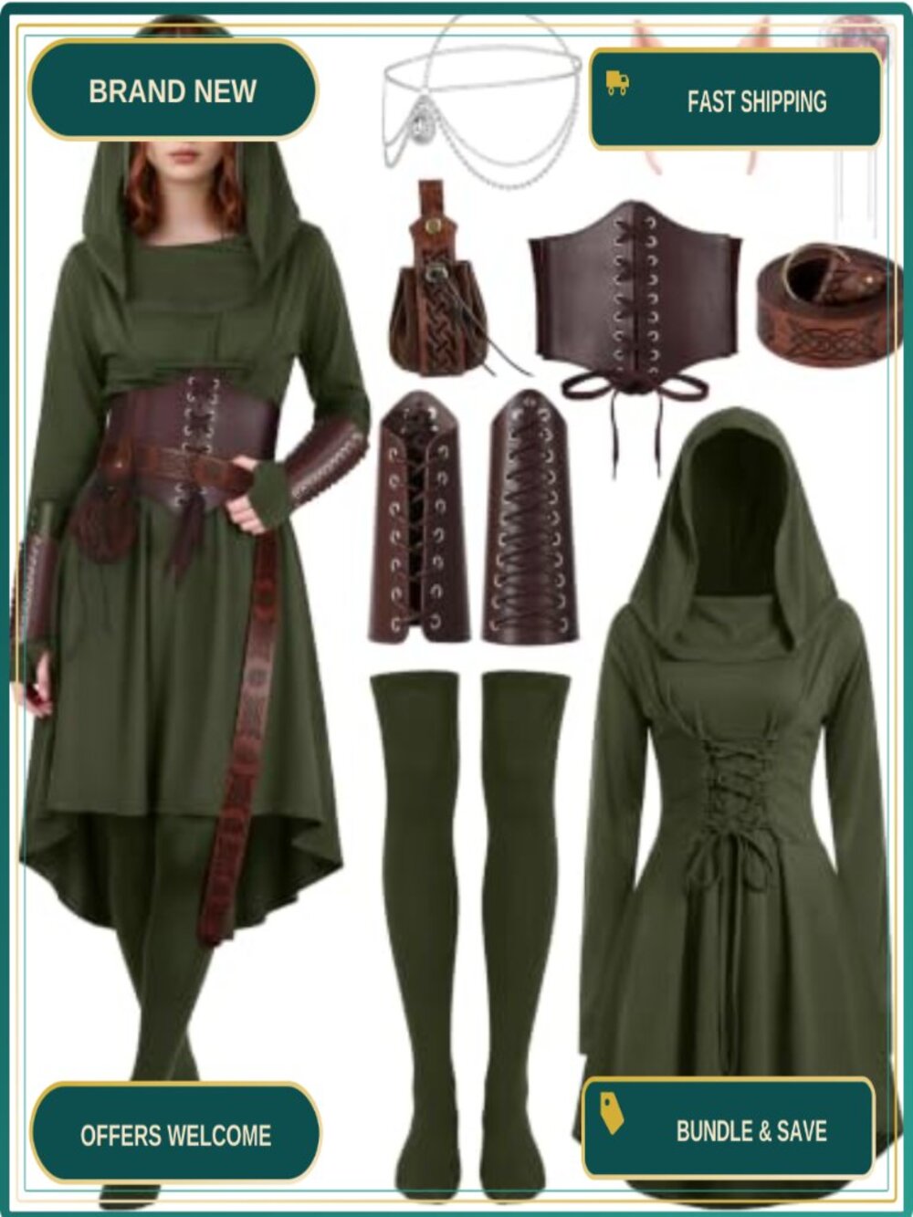 10 Pc Renaissance Fairy Costume Hooded Elf Dress PU Leather Corset Belt S-XXL
